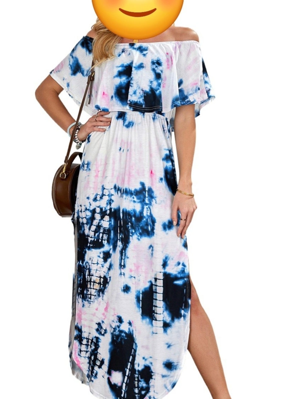 Off-Shoulder Tie-Dye Maxi Dress in Blue & Pink